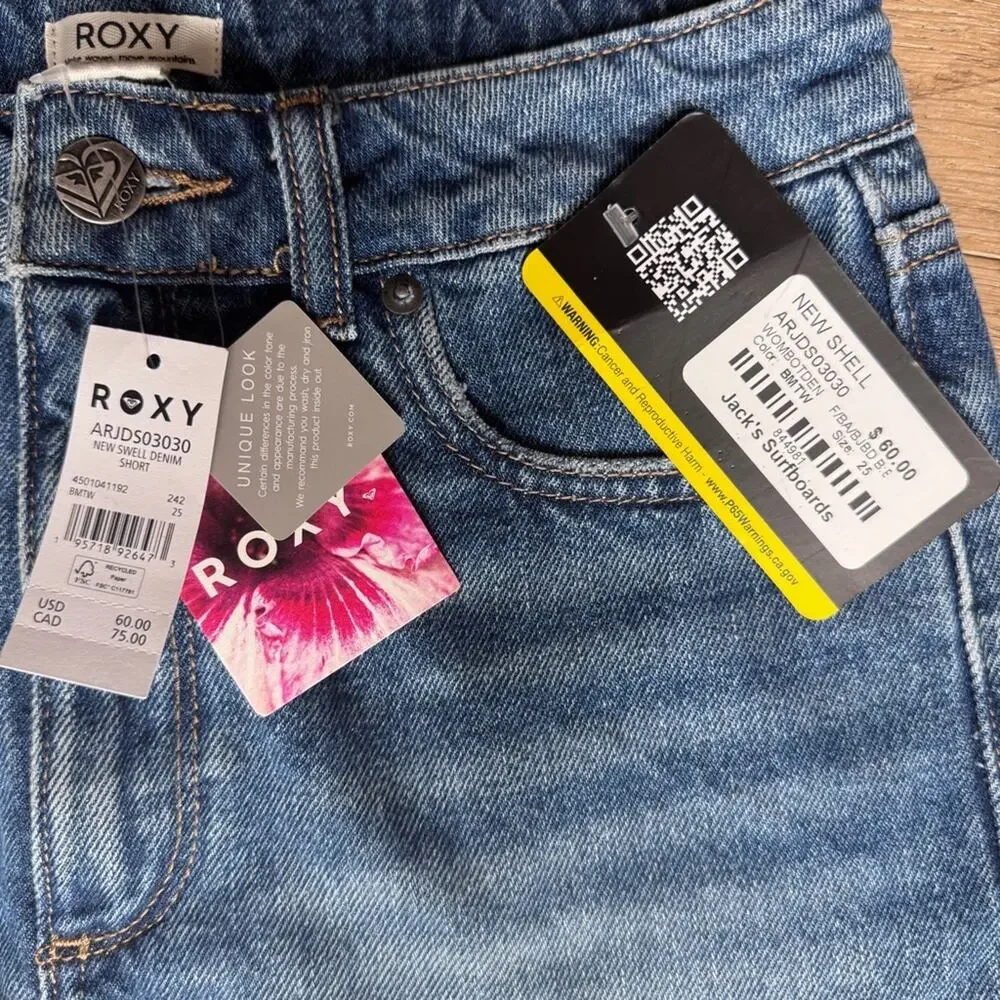 NWT Roxy high rise Blue wash distressed frayed cutoff Shorts size 25